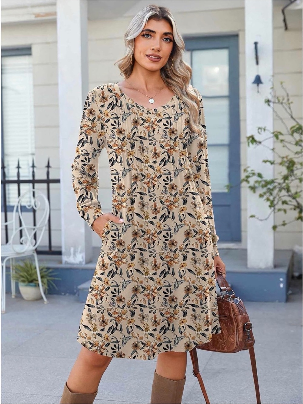 NWT zeagoo Beige Floral Long-Sleeve Midi Dress, 2XL